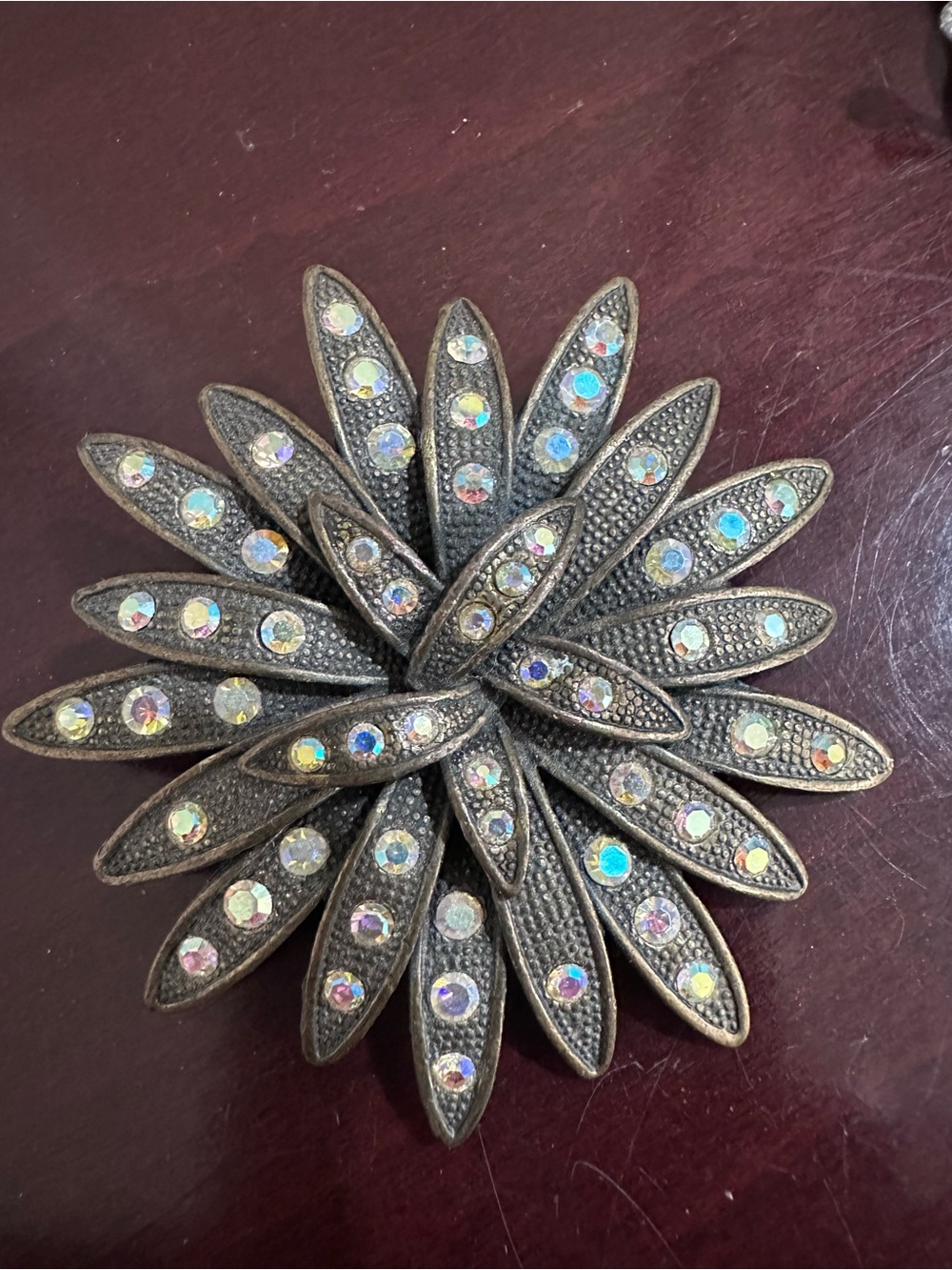 Antique Bronze Iridescent Rhinestone Floral Brooch/Pin